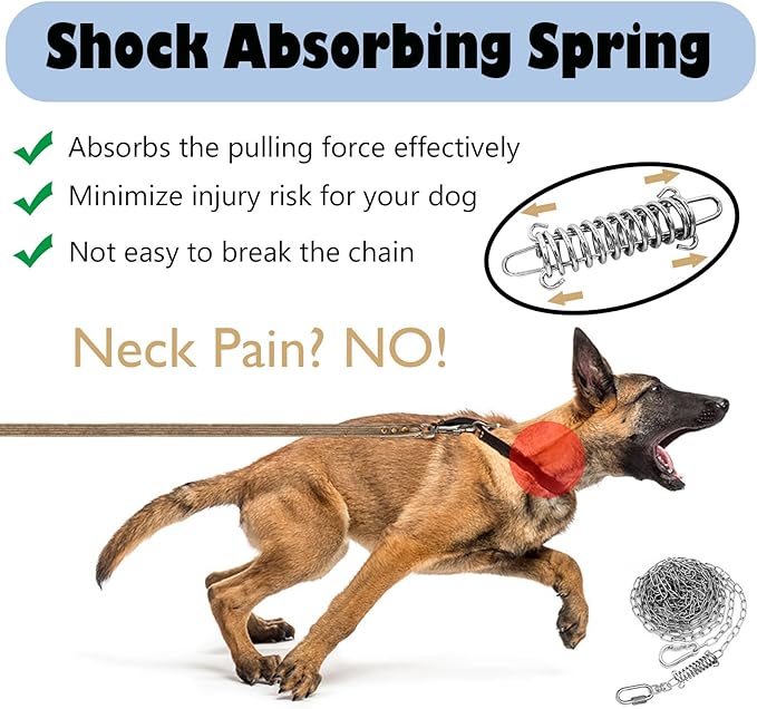 25ft Heavy Duty Chew Proof Dog Tie Out Chain Leash with Shock Absorbing Spring&Lockable Hooks-Up to 200Lbs,Use for Yard,Garden,Camping or Travel-Mewly Pet