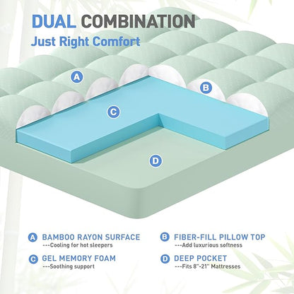 Dual Layer 3 Inch Memory Foam Mattress Topper Twin XL Size, 2 Inch Gel Memory Foam Plus 1 Inch Cooling Pillow Top Mattress Pad Cover, with 8-21 Inch Deep Pocket, Green