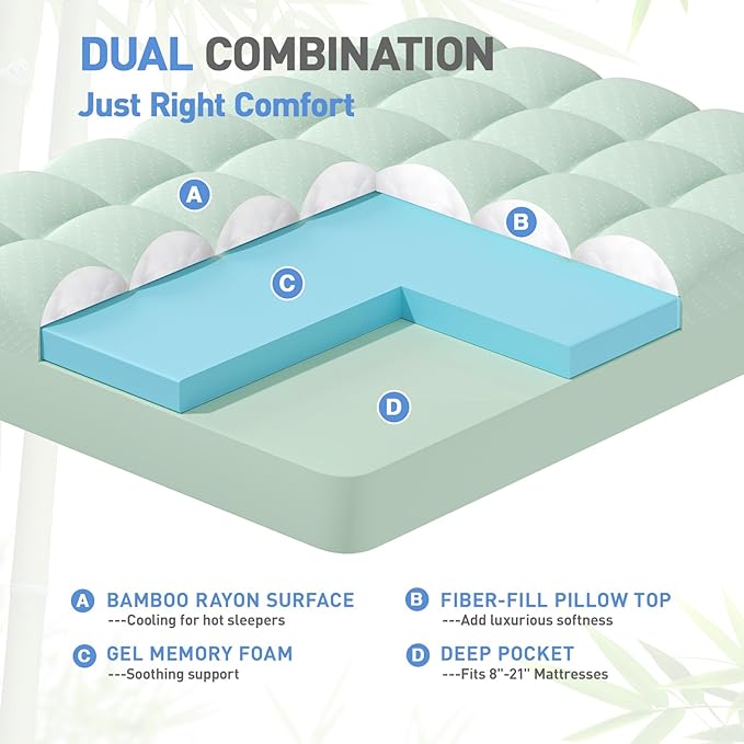 Dual Layer 3 Inch Memory Foam Mattress Topper Twin Size, 2 Inch Gel Memory Foam Plus 1 Inch Cooling Pillow Top Mattress Pad Cover, with 8-21 Inch Deep Pocket, Green