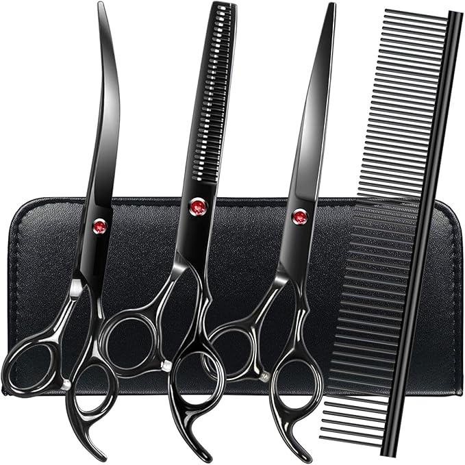 Professional Dog Grooming Scissors Set Stainless Steel Dog Grooming Kit - Thinning, Curved Scissors and Comb for Dog Cat Pet (Black 5 in1)-Mewly Pet
