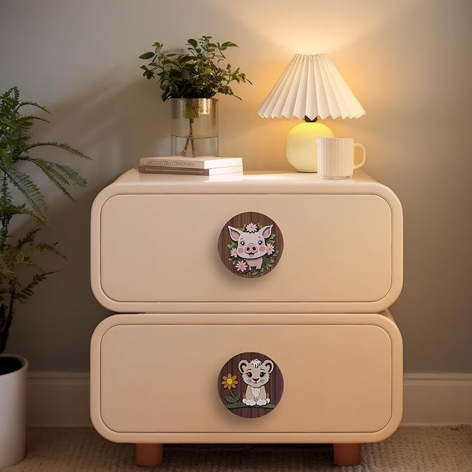 JamJam Set of 8 1.8" Wooden Unique Cabinet Knobs Pig Tiger with Flower Safari Animal Nursery Dresser Drawer Furniture Handle Knobs and Pulls