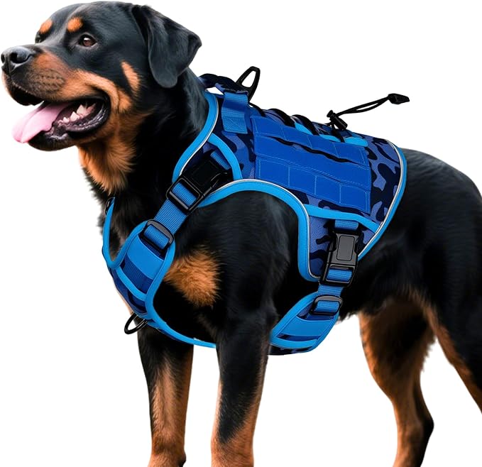 Heavy-Duty Tactical Dog Harness for Large Dogs, No Pull Adjustable Reflective Pet Vest with Molle System, K9 Military-Grade Control for Service Training, Outdoor & 10+ Breeds, Blue Camo, X-Large-Mewly Pet