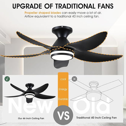 46 inch Ceiling Fans with Lights and Remote/APP Control, Modern Flush Mount Ceiling Fans with 5 Reversible Blades 6 Speeds, 3 Colors Dimmable+Ring Lights for Bedroom Dining Room, Black