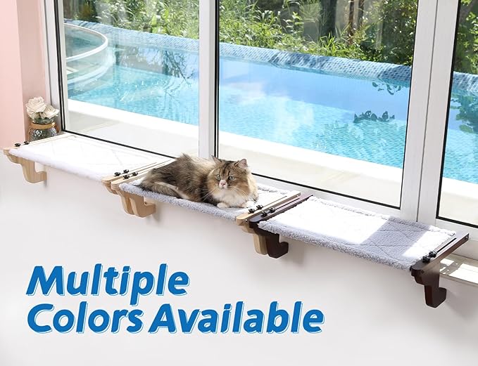 Easy Seat Cat Perch for Window Sill - Hammock Design w/Premium Wood & Robust Metal Frame - Cat Window Seat for Large Cats and Kittens (Dark Stained Wood w/Gray Bed, Medium (23''W x 14''D))-Mewly Pet