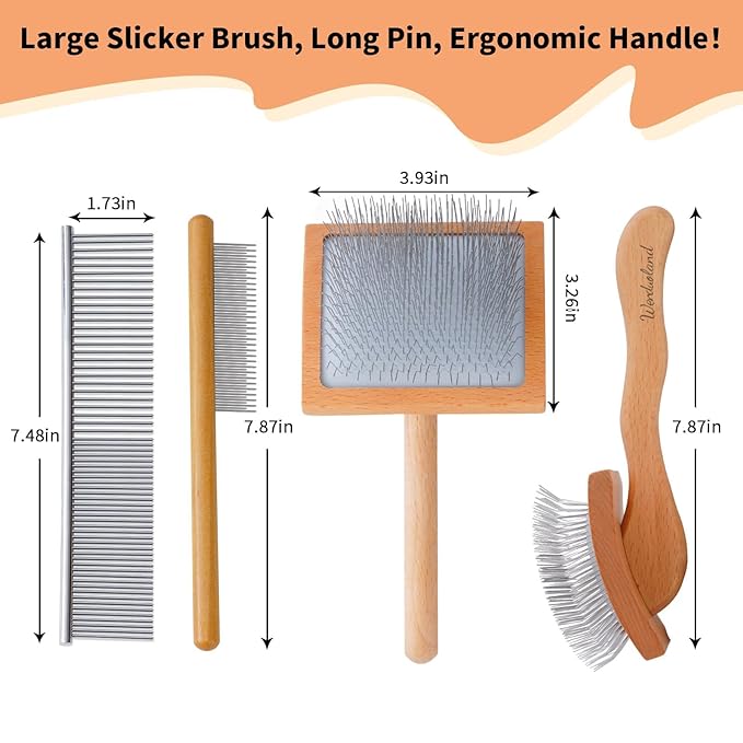 Ergonomic Slicker Brush for Long-Haired Dogs - Wooden Handle, Long Pins for Grooming Goldendoodles-Mewly Pet