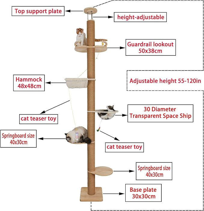 Floor to Ceiling Cat Tree Height (50-120 in) Adjustable Cat Tower 5 Tier Hemp Scratching Post High Cat Tree Sturdy Activity Tree Indoor Outdoor Cat Scratching Post Activity Center-Mewly Pet
