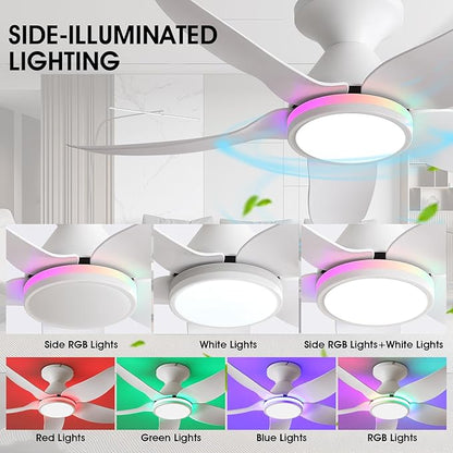 Ceiling Fans with Lights Remote/APP Control, 38" Low Profile Ceiling Fans with Dimmable White Colors+Ring RGB Lights, 6 Speeds 5 Reversible Blades for Kids Room Bedroom Living Room, White