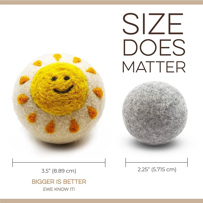 Fluff Ewes Wool Dryer Balls 6 Pack Premium New Zealand Wool Laundry Balls for Dryer, No Static Dryer Balls Laundry Reusable, XL Wool Dryer Balls Cute, Baby Dryer Balls for Dryers - Rainbow or Shine-Mewly Pet
