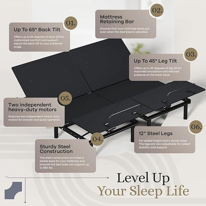 Sven and Son Essential Adjustable Bed Base (Frame) + 14 inch Hybrid Spring Matt (Medium Soft), Easy Assembly, Head and Foot Lift, Memory Positions, Zero Gravity, Wireless Remote - King