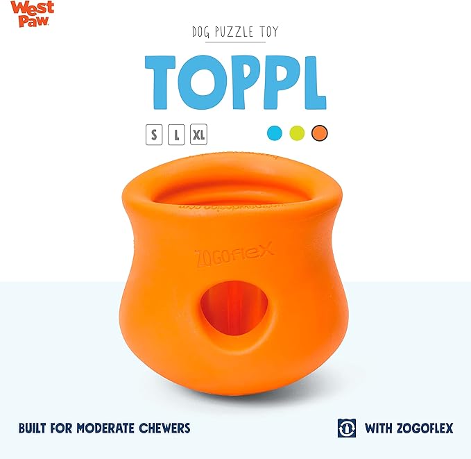 West Paw Zogoflex Toppl Treat Dispensing Dog Toy Puzzle – Interactive Chew Toys for Dogs – Dog Toy for Moderate Chewers, Fetch, Catch – Holds Kibble, Treats, Small 3", Tangerine-Mewly Pet