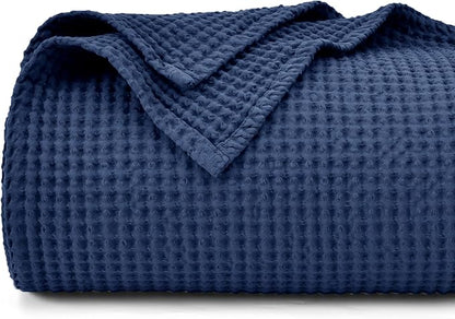 PHF 100% Cotton Waffle Weave Blanket Twin Size for Bed,Snag Proof Lightweight Breathable Throw for Couch,Machine Washable,Great for Layering in Cold Weather,Home Decor Gift-Navy Blue/Bright Blue