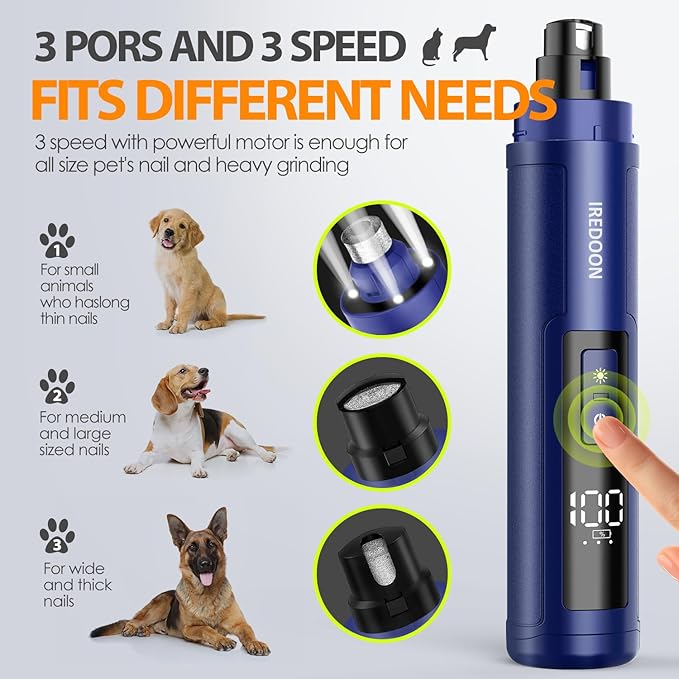 Dog Nail Grinder Upgraded - Professional 3-Speed Super Quiet and Low Vibration Electric Pet Nail Grinder with 4 LED Lights - Painless Paws Grooming & Smoothing for Small to Large Dogs (Blue)-Mewly Pet