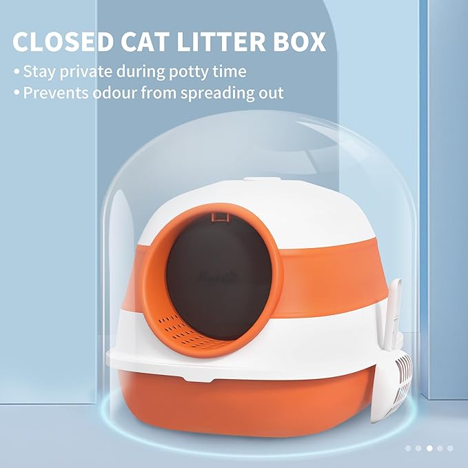 PawHut Cat Litter Box with Lid, Covered Litter Box w/High Sides, Air Freshener, Large Two-Way Entrance Kitty Toilet, Foldable, Easy Clean, Orange-Mewly Pet