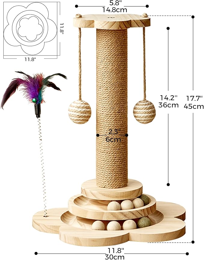 Cat Scratching Post, 4 in 1 Wooden Cat Scratcher Toy, 17.7" Tall Scratch Post with 2 Level Cat Track Balls, Interactive Feather Toy and 2 Sisal Hanging Balls for Indoor Kittens, Adult Cats-Mewly Pet