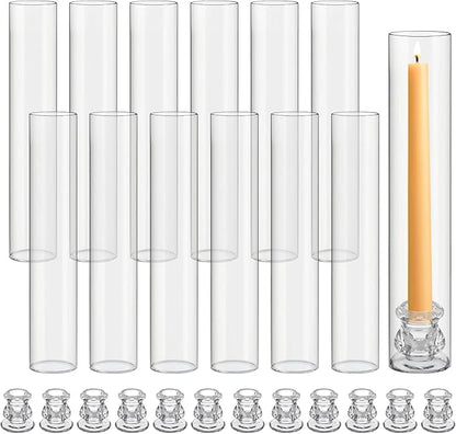 12 Set Christmas Glass Hurricane Candle Holders 12.6" Open Ended Glass Candleholder Tube Shape Bottomless and 2.2" Taper Clear Candlestick Holders for Wedding Party Table Centerpiece (Clear)