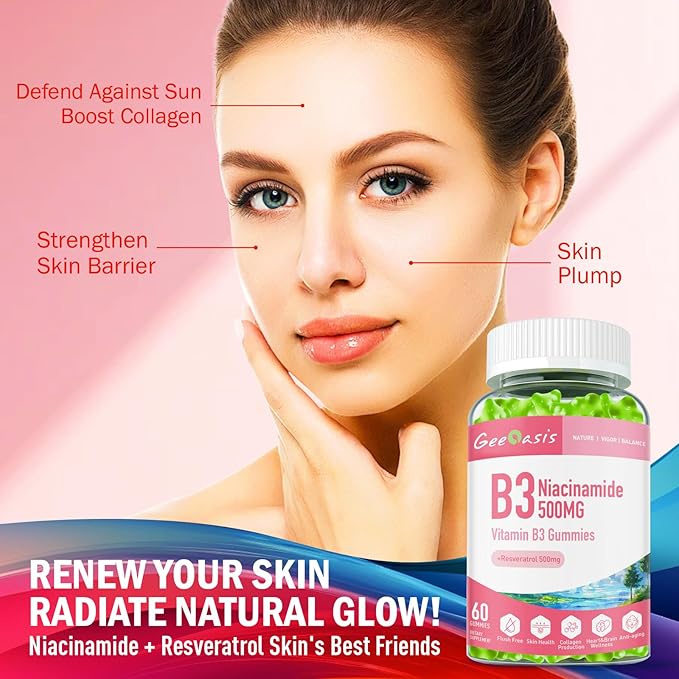 Niacinamide 500mg Gummies, Chewable Vitamin B3 Supplement with Resveratrol 500mg, High Potency Niacin for Antioxidant, Skin & Brain Health, Immune Support, Vegan Apple Flavor, 60 Count-Mewly Pet