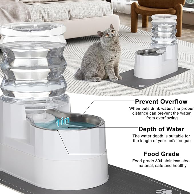 RIZZARI Automatic Pet Water Dispenser: 5L White Cats and Dogs Gravity Feeder - Stainless Steel Bowl - Outdoor Hiking Use-Mewly Pet