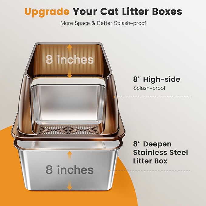 Tripamin 15” XL Stainless Steel Cat Litter Box Enclosure, XXL Stainless Steel High Sides with Lid, Extra Large Metal Cat Litter Box (Translucent Brown, XX-Large)-Mewly Pet