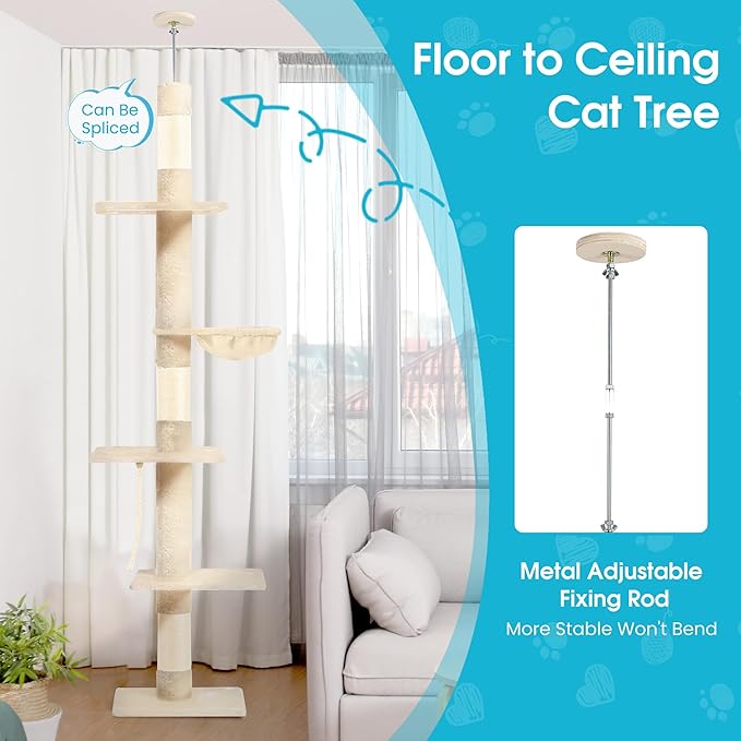 Cat Tree 5-Tier Floor to Ceiling, 89-109 Inch Adjustable Height Cat Tower with Cozy Hammock, Cat Climbing Tree for Indoor Cats, Beige-Mewly Pet