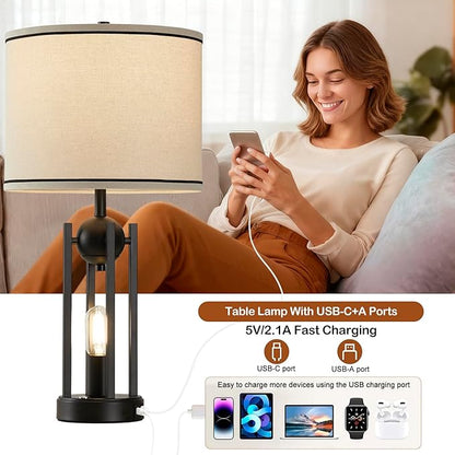 25'' Farmhouse Table Lamps for Living Room Set of 2 with USB C+A Ports, Vintage Bedside Lamp for Bedroom, Touch Lamps for Nightstand, Dual Lights Independent Switch, 4 Bulbs Included, Black