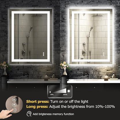 LED Bathroom Mirror with Lights 28x32 Wall Vanity LED Mirror Stepless Dimmable,Double Front and Backlight,Anti-Fog,Memory Smart Mirror for Bathroom