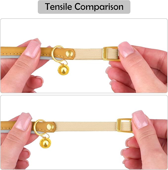 OOPSDOGGY Rolled Leather Cat Collar with Bell - Reflective Kitten Collar with Safety Elastic Strap - Adjustable Small Pet Collars for Boy Girl Cats (Camel)-Mewly Pet