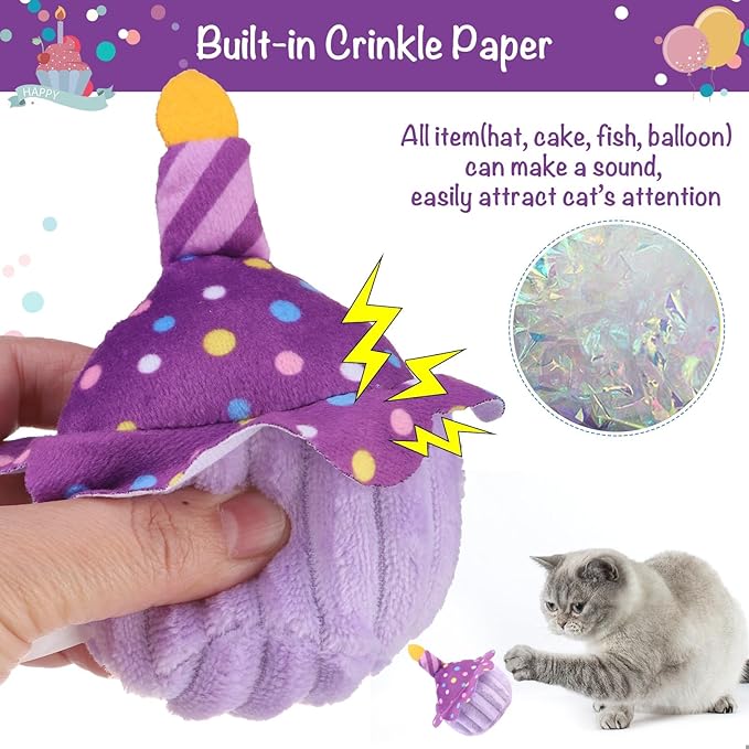 BINGPET Cat Birthday Catnip Toys for Indoor Cats,Cat Birthday Hat,Bandana and Cat Birthday Cake Interactive Plush Kitten Chew Toys,Cute Fish,Balloon Toys with Crinkle Paper and Catnip Inside(Purple)-Mewly Pet