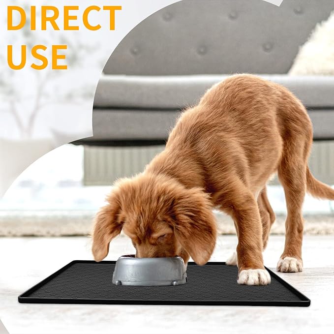 Ptlom Pet Placemat for Dog and Cat, Mat for Prevent Food and Water Overflow, Suitable for Small, Medium and Big Pet,24.5" 16.5", Black-Mewly Pet