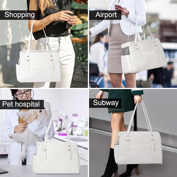 Dog Carrier Purse, Fashion Leather Pet Carrier with Pockets, Airline Approved Soft Sided Dog Carrying Bag for Puppy Cat Dog White-Mewly Pet