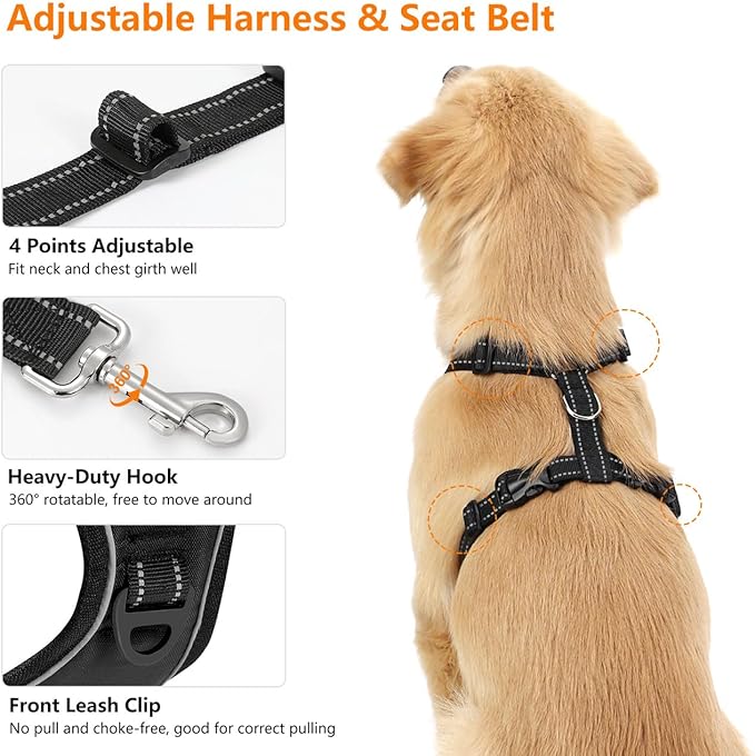 Dog Seat Belt Harness for Car, Dog Car Harness Adjustable Mesh Breathable & Dogs Seatbelt Safety Tether with Elastic Bungee for Small Medium Large Pets(Carbon Black, L)-Mewly Pet