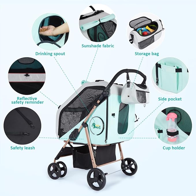 Ownpets Pet Stroller with Upgraded 4 Wheels, Foldable Dog Stroller for Medium Dogs and Cats Up to 66lbs, Detachable Carrier for Car Seat, with Storage Organizer, Cup Holder-Mewly Pet