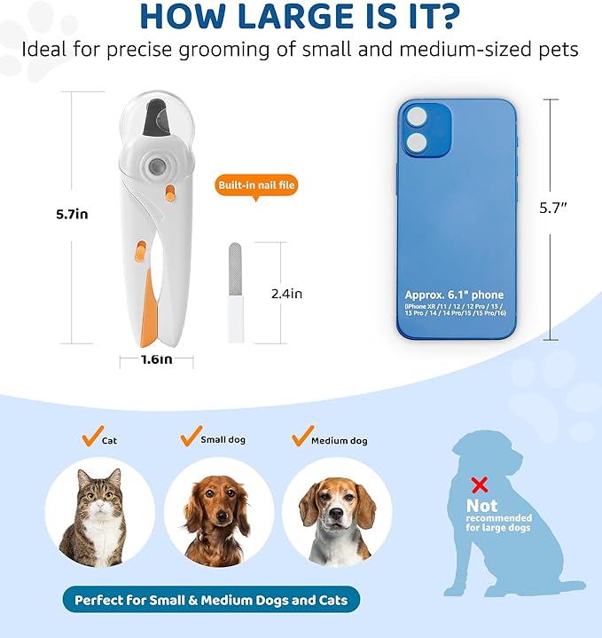 Pet Nail Clipper with Light for Cats & Small Dogs Puppies, Ultra Bright LED to Illuminate Nail Bloodline to Avoid Over Cutting, Extra-Sharp and Durable Cat Claw Trimmer with Nail File (White)-Mewly Pet