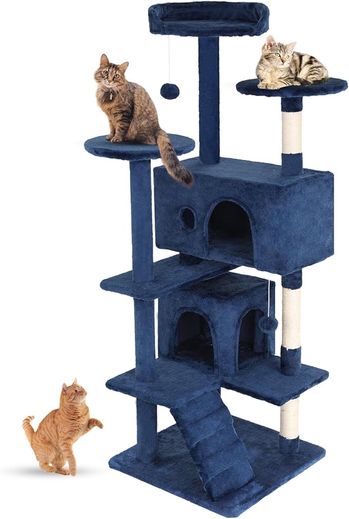 FDW Cat Tree 54in Cat Tower Multi-Level Durable Cat Scratching Post & Cozy Fun Cat Jumping Platform Space Saving Cat Condo Pet Play House for Indoor Cats,Navy Blue-Mewly Pet