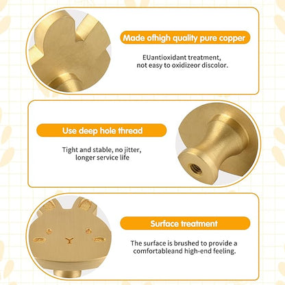 5 Pack Solid Brass Cartoon Rabbit Cabinet knob, Children's Dressing Table, Desk, Bookshelf, Drawer, Wardrobe, Gold Single Hole Handle