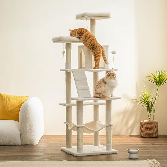 MWPO 70.1-Inch Large Cat Tree, Multi-Level Tall Cat Tower for Indoor Cats, Plush Cat Condo with Big Padded Perches, Sisal-Covered Scratching Posts, Hammock, Toys for Kittens & Cats - Beige-Mewly Pet
