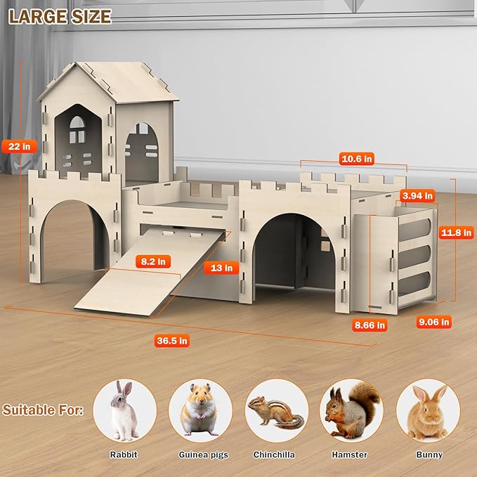 Large Bunny House and Hideouts, Wooden Dual-Layer Rabbit Castle with Stair, Rubber Band-Free Setup - chew-Proof, Sturdy Habitat for Guinea Pig Chinchilla Ferret (Rabbit House with Hay Feeder)-Mewly Pet