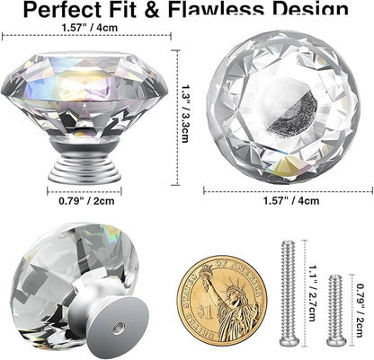 POZEAN Crystal Cabinet Knobs 30Pack, 1.57inch Dresser Knobs for Cabinet, Drawer with Two Different Sizes Screws, Diamond Glass Pulls Handles (40mm, 30Pack, Clear-Silver)