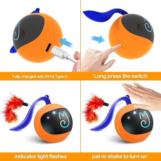 Migipaws Interactive Cat Ball Toy Set, Fun Tracker, Glowing Chase Ball with MystiChaser Pouch, Fluffy Tail, A Small Mice (Orange)-Mewly Pet