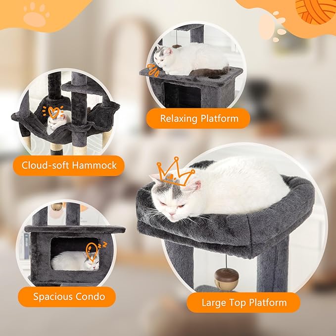 KITTY KINGDOM 65in Large Cat Tree Condo Furniture for Indoor Kitties, Multi-Level Cat Tower with 4 Scratching Posts, Cat Cave, Hammock, Perch & Reinforced Base, Plush Gray-Mewly Pet