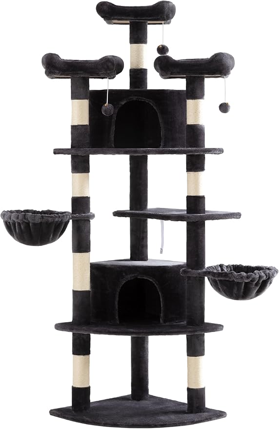 SHA CERLIN 73in Fan-Shaped Corner Cat Tower for Save Space/Multi-Level Tall Cat Tree for Indoor Kitties/Condo with Baskets/Cozy Perches/Sisal Scratching Posts/Pet Activity House/Dark Grey-Mewly Pet