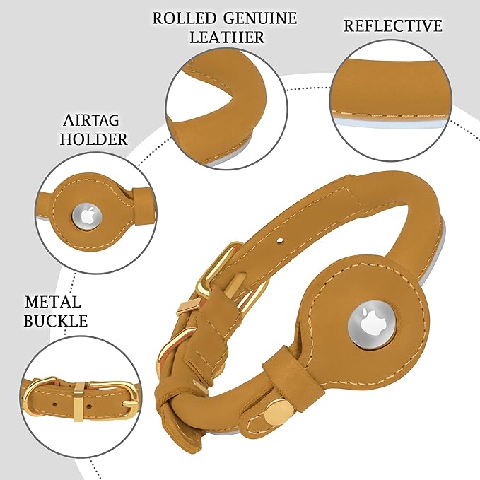 OOPSDOGGY Rolled Leather Dog Collar with Airtag Holder - Reflective Round Airtag Dog Collar - Soft Tracking Pet Collar for Small Dogs Puppy Cats Kitten (Camel, M, 12"-15")-Mewly Pet