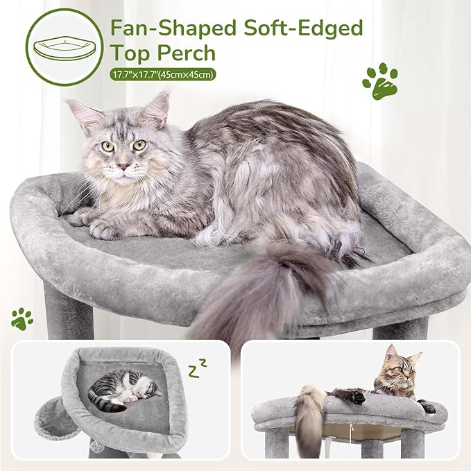 Globlazer Corner Cat Tree Tower for Indoor Cats, 51in Multi-Level Cat Condo Tower with Large Hammock, 7 Sisal Scratching Posts, Oversized Top Perch, Spacious Cat Cave, Hanging Basket, C51, Light Gray-Mewly Pet