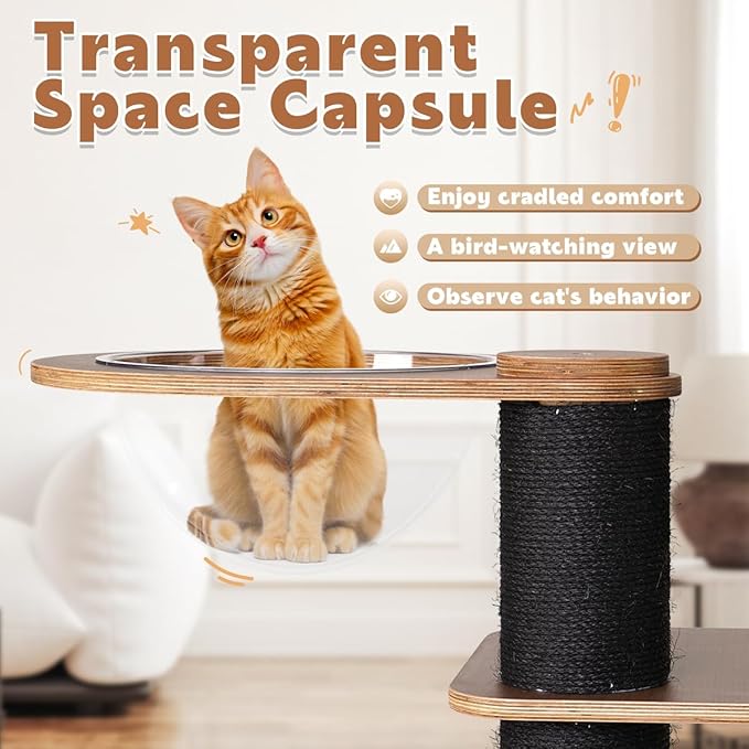 63'' Modern Cat Tree, Black Cat Tower with Scratching Post, Wooden Cat Tree for Indoor Cats Large Adult, Luxury Cat Furniture, Heavy Duty Activity Center with Transparent Bowl and Semi-Closed Condo-Mewly Pet