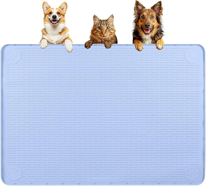 Dog Food Mat, Extra Large 40" x 28" Silicone Pet Feeding Mat with Raised Edge Pet Placemat for Small, Medium, and Large Pets Non-Slip, Easy to Clean (Blue)-Mewly Pet