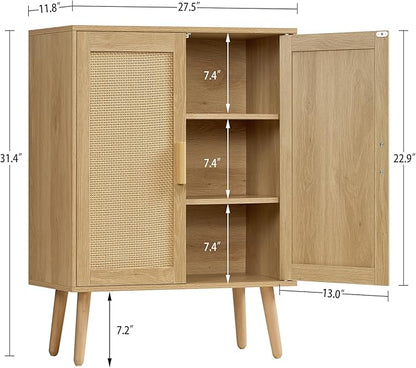 Iwell Storage Cabinet with 2 Shelves, Rattan Cabinet with 2 Doors, Sideboard Buffet Cabinets with Storage for Living Room, Dining Room, Entryway, Natural