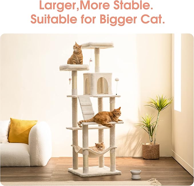 MWPO 70.1-Inch Large Cat Tree, Multi-Level Tall Cat Tower for Indoor Cats, Plush Cat Condo with Big Padded Perches, Sisal-Covered Scratching Posts, Hammock, Toys for Kittens & Cats - Beige-Mewly Pet