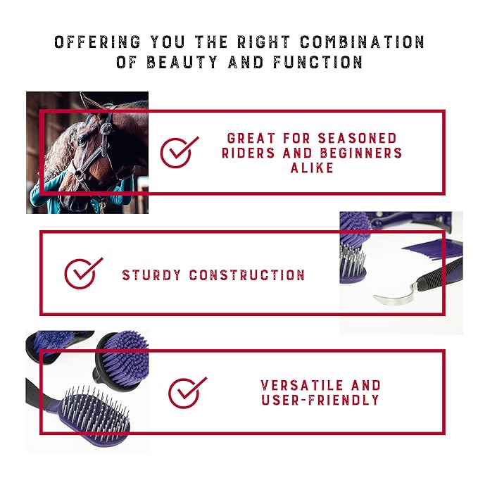 Weaver Equine 6-Piece Horse Grooming Kit, Ergonomic Gentle Horse Care Kit, Equestrian Supplies for Bathing Support, Detangling, and More, Purple/Black-Mewly Pet