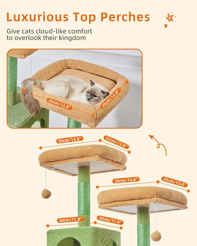 Taoqimiao Cat Tree, 71-Inch Cat Tree Cat Tower for Indoor Cats, Plush Multi-Level Cat Condo with 10 Scratching Posts, 2 Perches,Basket, 2 Caves,Hammock, 2 Pompoms,MS020T Cactus-Mewly Pet