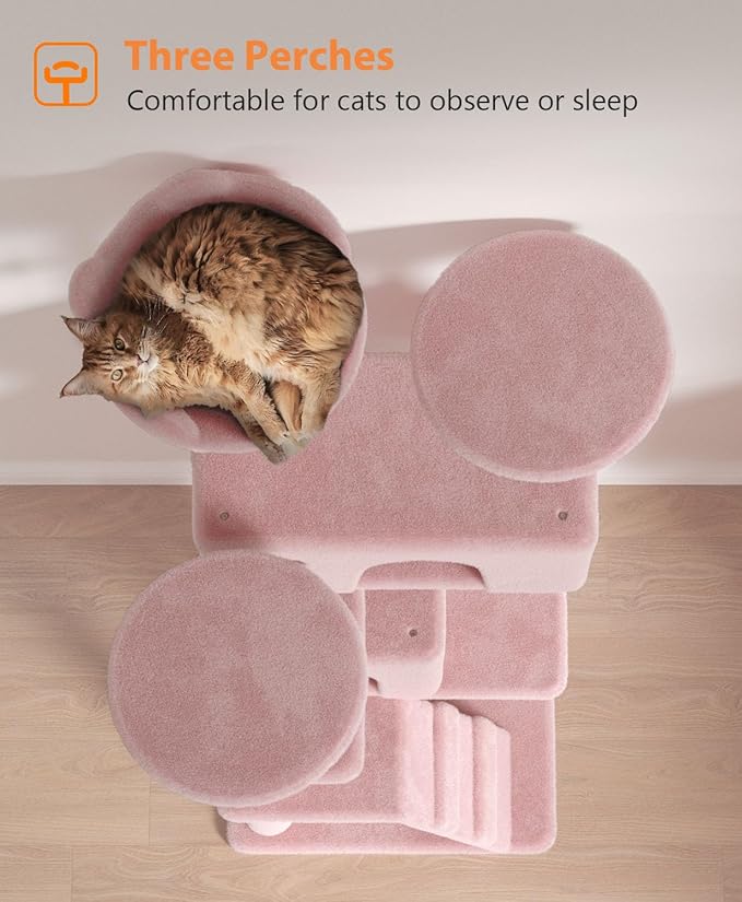 60'' Cat Tree Tower for Indoor Cats Large Adult,Cute/Tall Modern Cat Tree for Big Cats 20 lbs, Plush Multi-Level Cat Condo with Scratching Posts,Dangling for Fun Play (Soft Pink, 60 inch)-Mewly Pet