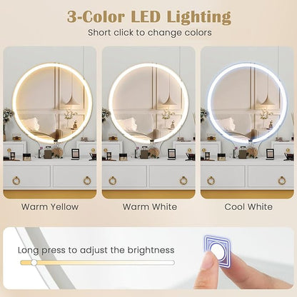 CHARMAID Vanity Desk with Mirror and Lights, White Makeup Vanity Desk with 4 Drawers, 3 Color Lighting Modes, Adjustable Brightness, Modern Dressing Table with Vanity Stool for Girls Small Bedroom